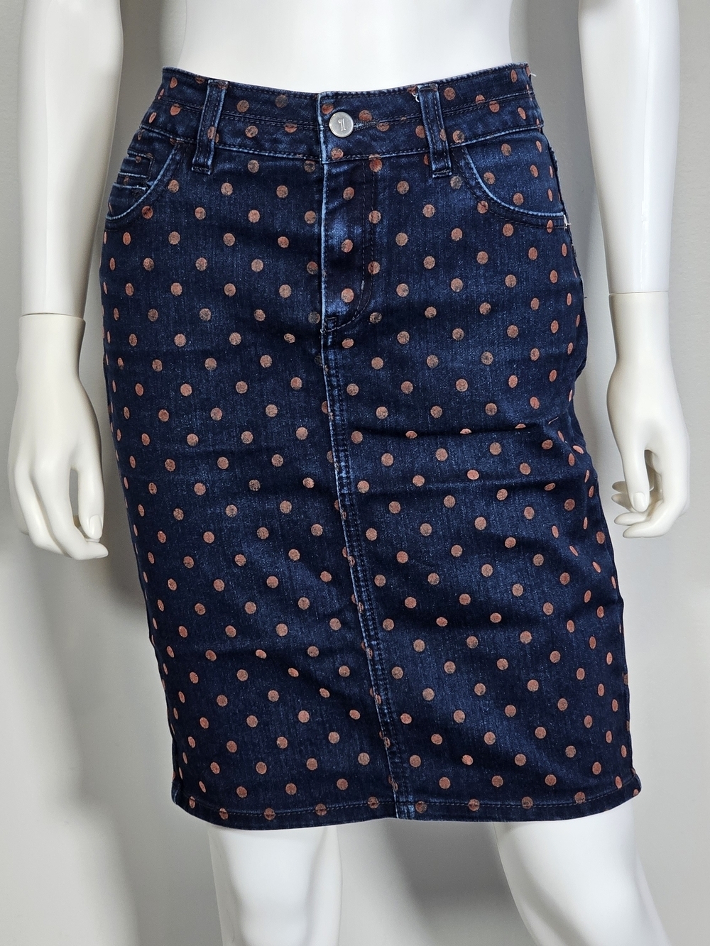 Pilcro Anthropologie Navy Denim Pencil Skirt with Brown Polka Dots Sz 28